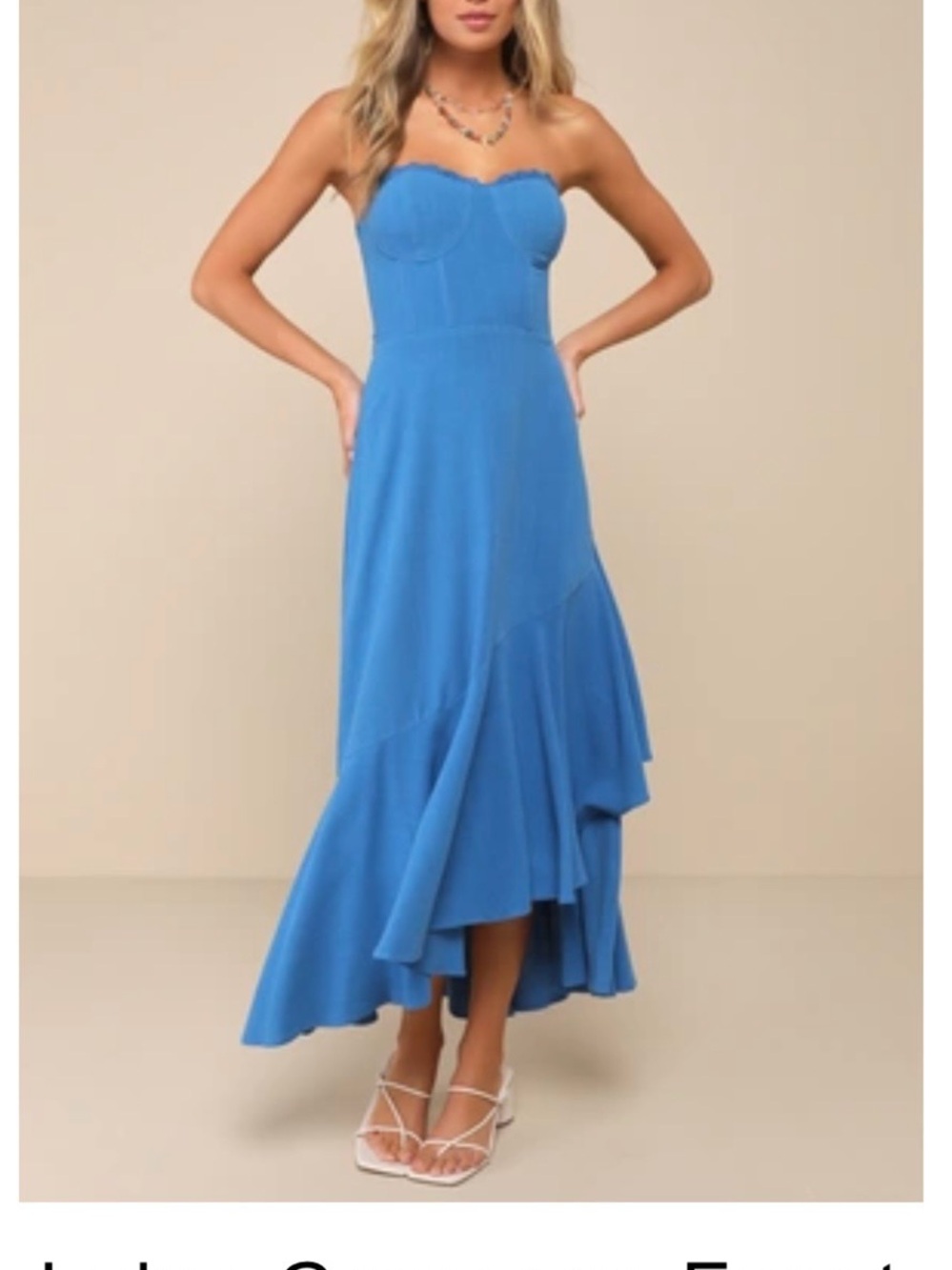 Lulu's Strapless Royal Blue Ruffle-Hem Maxi Dress
